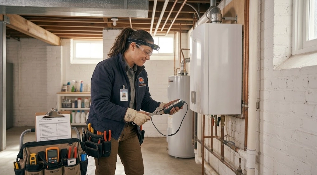 High-efficiency modern gas boiler installation and repair in a residential basement