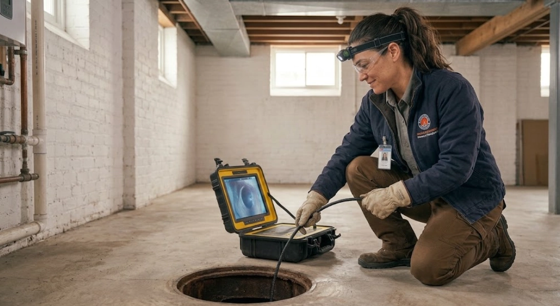 Color digital sewer camera inspection monitor showing tree roots and pipe wall inside an underground sewer line